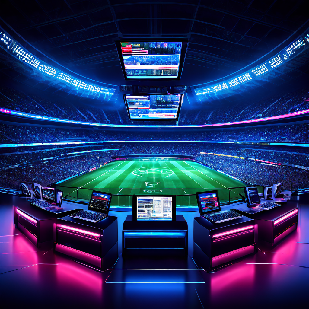 중앙 서버에서 여러 경기장 스크린과 디지털 플랫폼으로 실시간 스포츠 데이터가 흐르는 네트워크 연결을 표현한 이미지입니다.