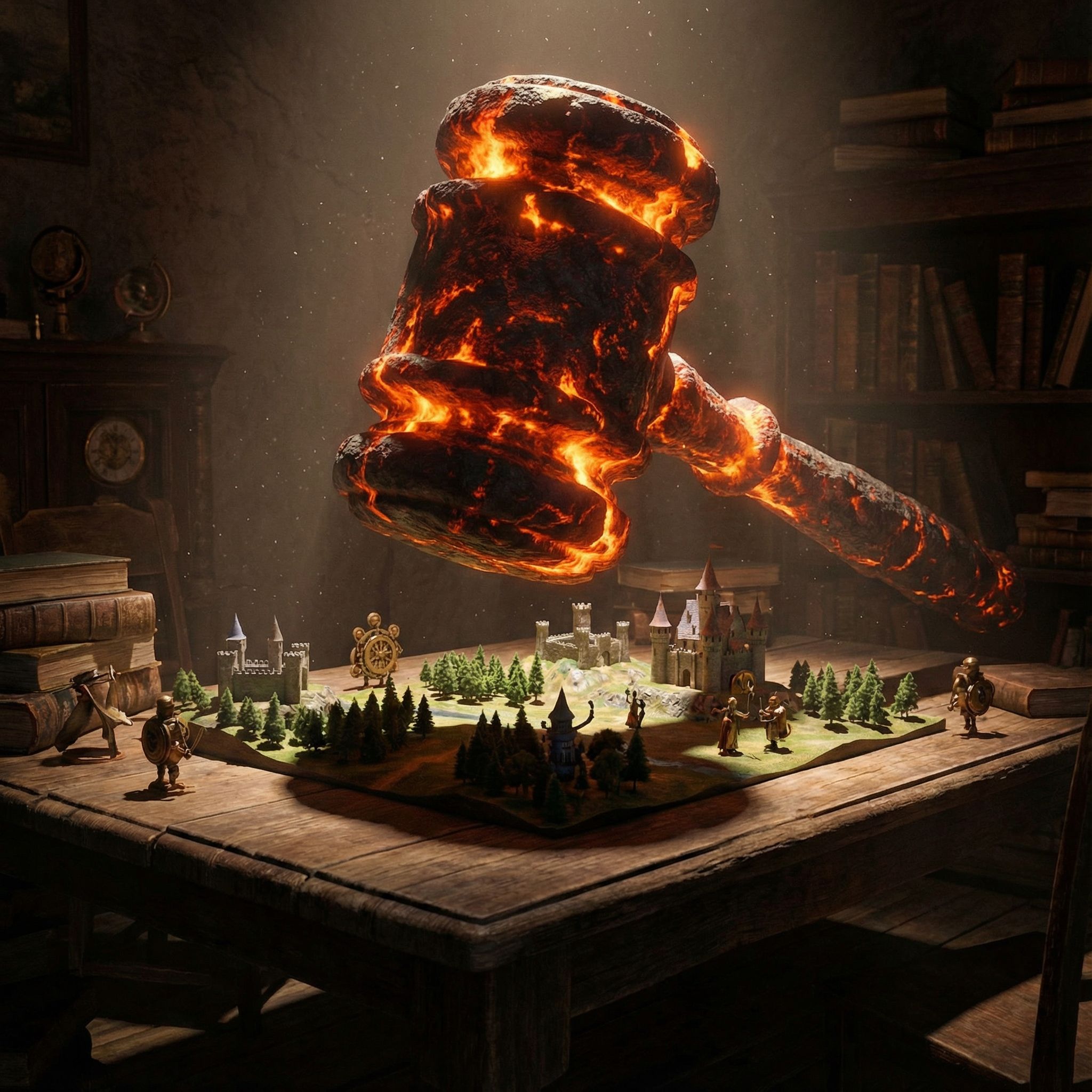 빛나는 거대한 법봉이 작은 게임 세계 위에 떠 있으며, 그 아래로 결정적인 그림자가 드리워져 있습니다.