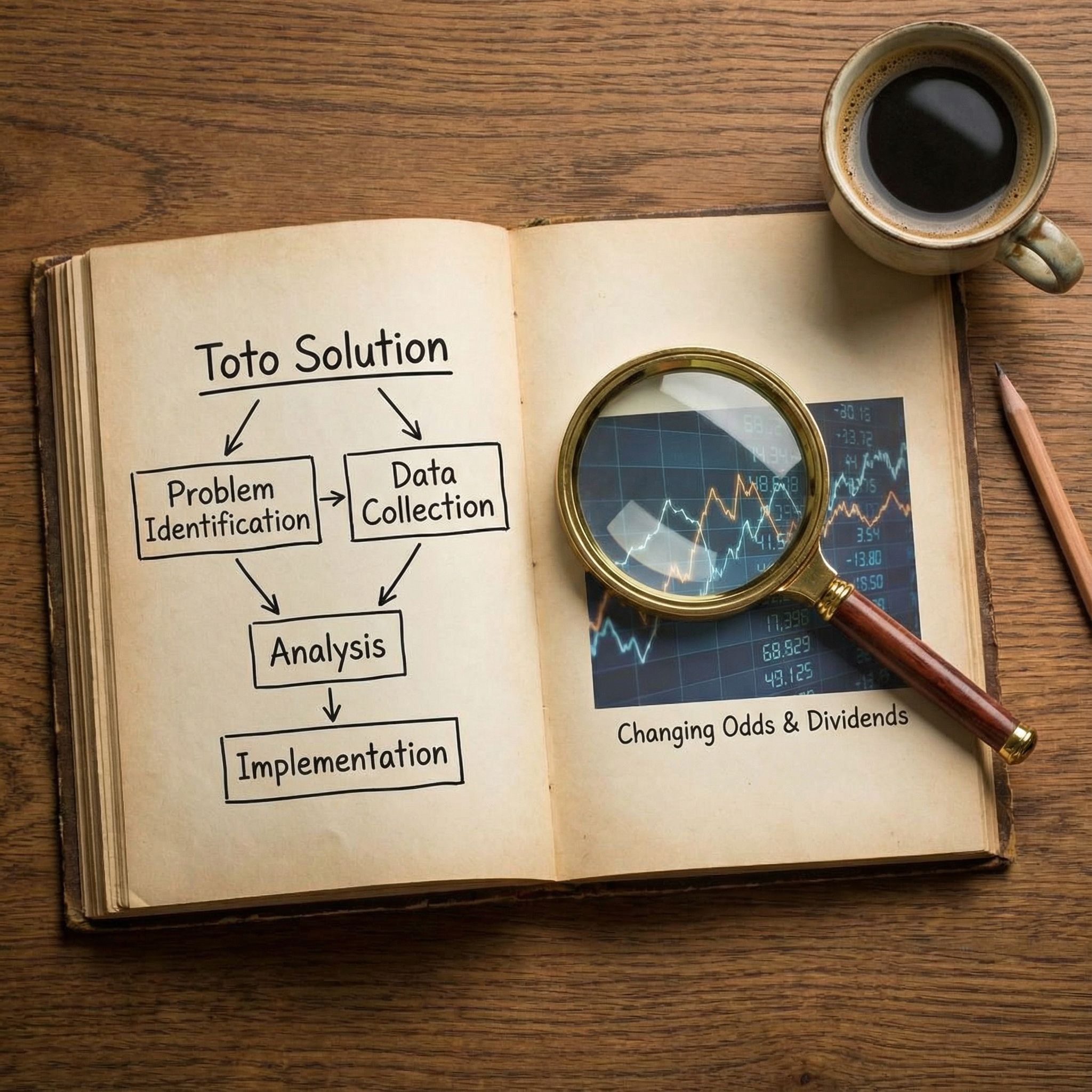열린 책 위에 놓인 돋보기가 변화하는 배당률 그래프를 분석하고 있으며, 책에는 토토 솔루션 순서도가