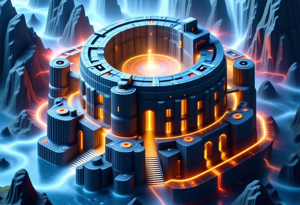 긴 아치형 복도 중앙에 빛나는 심볼이 떠 있는 장면으로, 정교한 신호 처리 흐름을 예술적으로 표현한 이미지