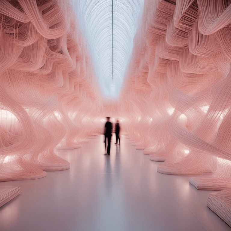 섬세한 데이터 흐름을 연상시키는 분홍빛 실 구조물 사이를 사람들이 지나가는 미래형 전시 공간 이미지
