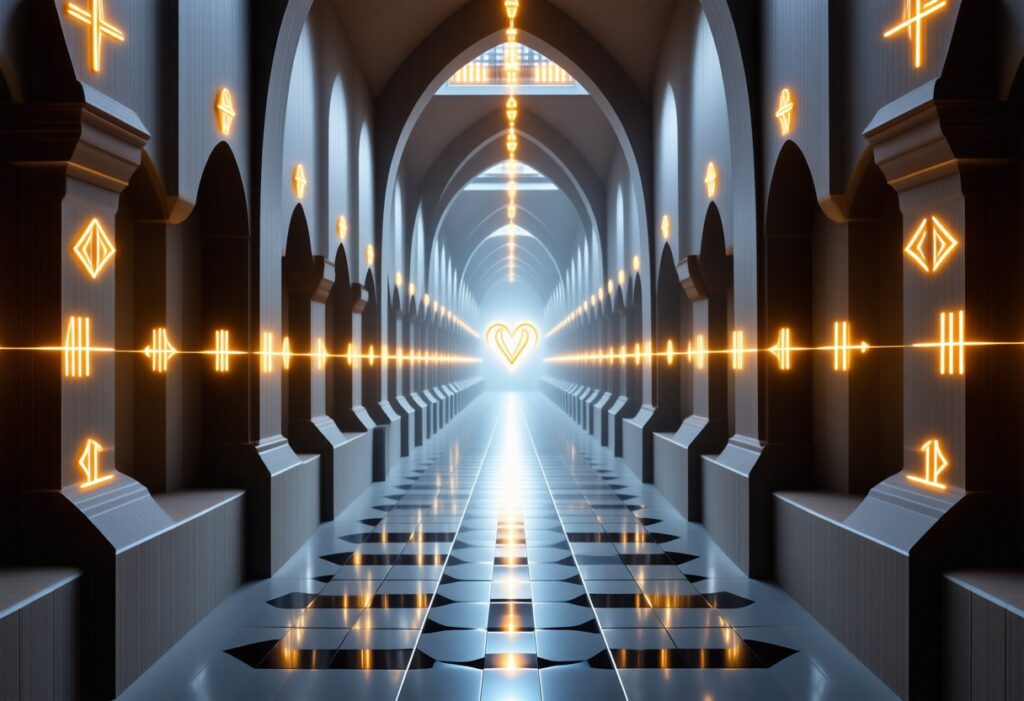 푸른 안개 속 거대한 원형 요새가 빛을 내는 모습으로, 고급 데이터 보호 구조를 상징적으로 담은 이미지