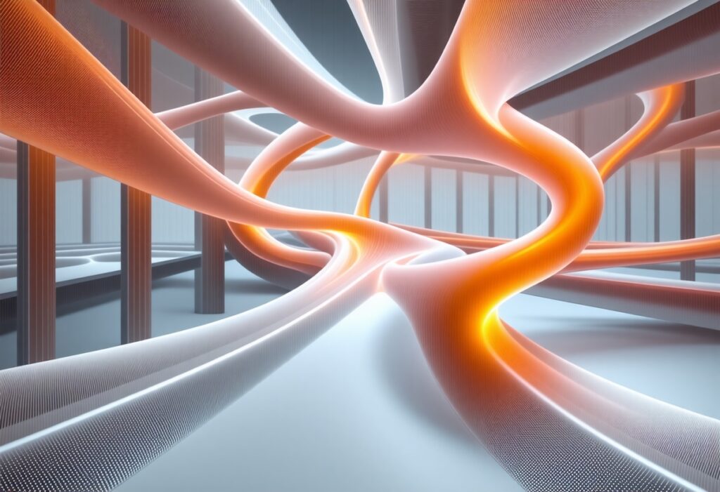 주황빛 에너지가 흐르는 듯한 유려한 곡선 구조들이 공간을 가로지르는 미래적 추상 이미지
