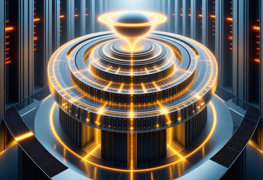 황금빛 에너지가 원형 구조를 따라 흐르는 미래형 코어 시스템을 표현한 장면으로, 중앙 처리 엔진을 떠올리게 하는 이미지