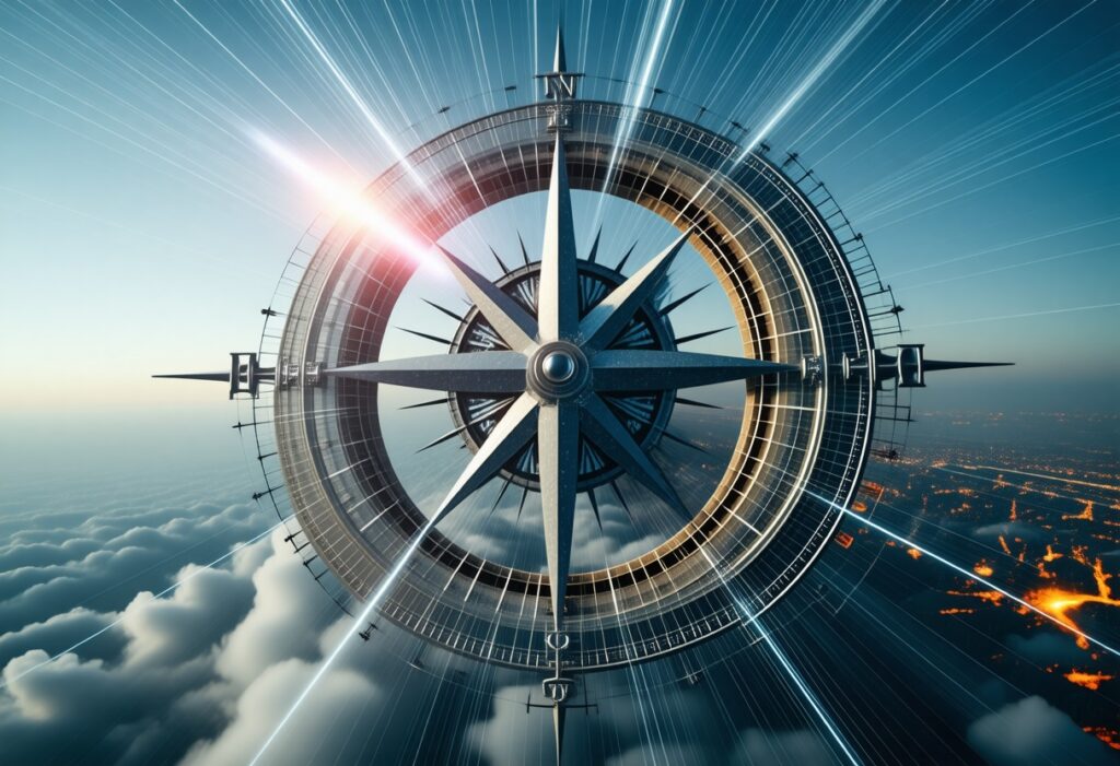 거대한 나침반 형태의 구조물이 하늘 위에서 빛을 뿜어내는 장면으로, 방향성과 확장성을 은유적으로 담은 이미지