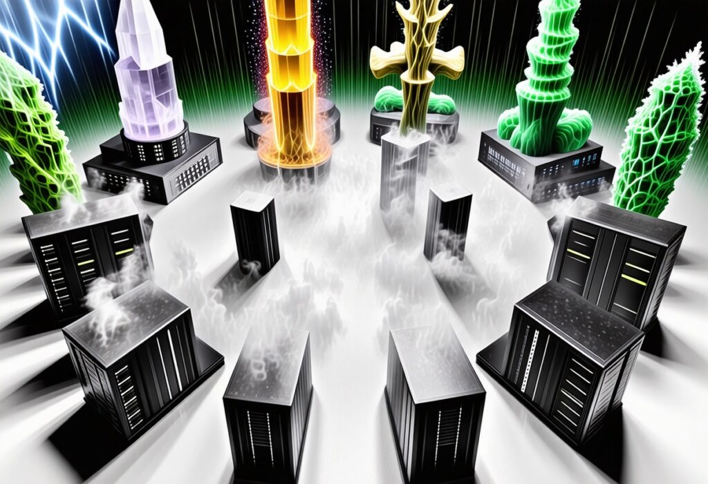 다양한 색상의 에너지 구조물이 서버 장비 사이에서 솟아오르는 장면으로, 다중 연산 환경을 상징적으로 표현한 이미지