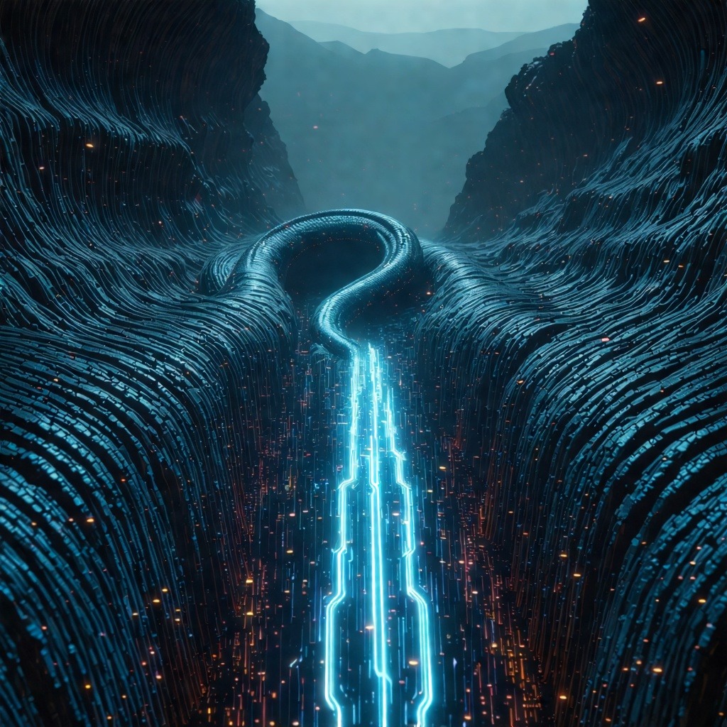 깊은 협곡 사이로 푸른빛 데이터 흐름이 강처럼 이어지는 장면으로, 네트워크 처리 구조를 연상시키는 미래적 이미지