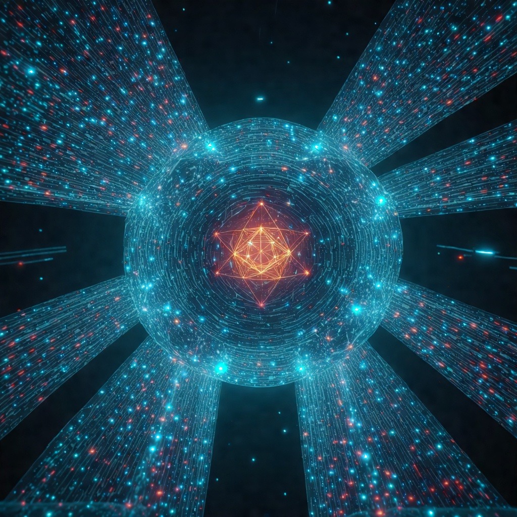 중심의 붉은 형상이 빛을 내며 퍼져 나가는 디지털 구체 구조를 표현한 장면으로, 데이터 시각화 감성을 담은 미래형 이미지