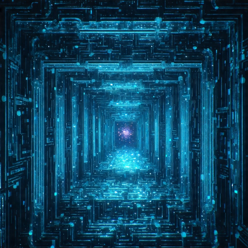 푸른 빛의 디지털 입자가 층층이 쌓인 통로처럼 퍼져 있는 미래적 데이터 공간을 표현한 추상 이미지