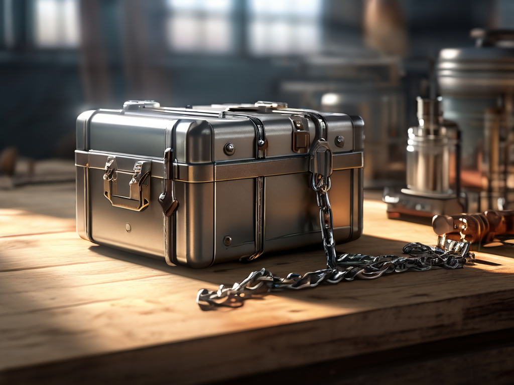 Metal storage case with chain and small data block cubes on brushed steel surface, morning light.