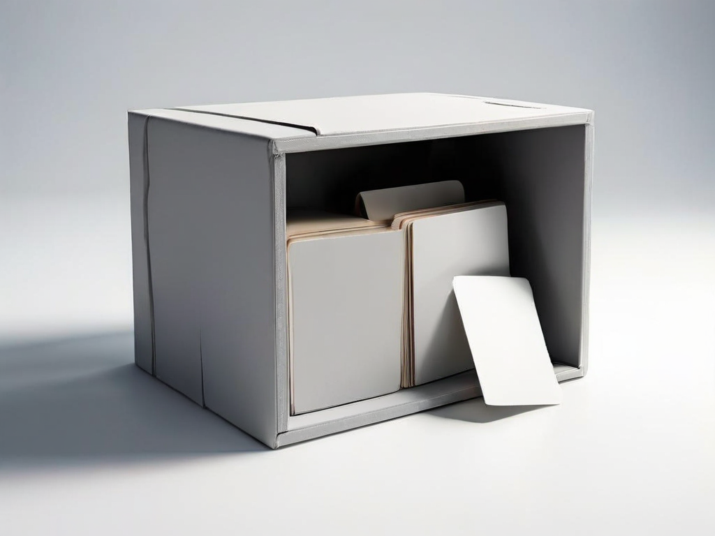 Archive box with duplicate blank cards set aside on matte gray surface under soft side light.