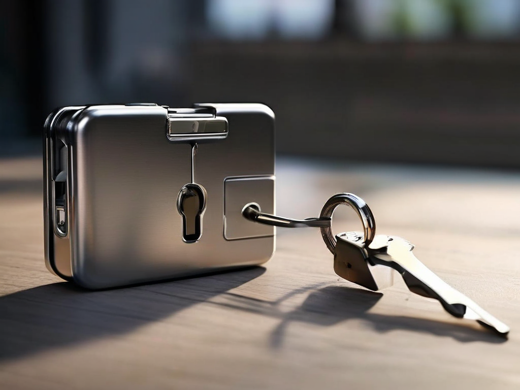 Small metal lock, closed key case, and blank security card arranged on brushed metal surface in morning light.