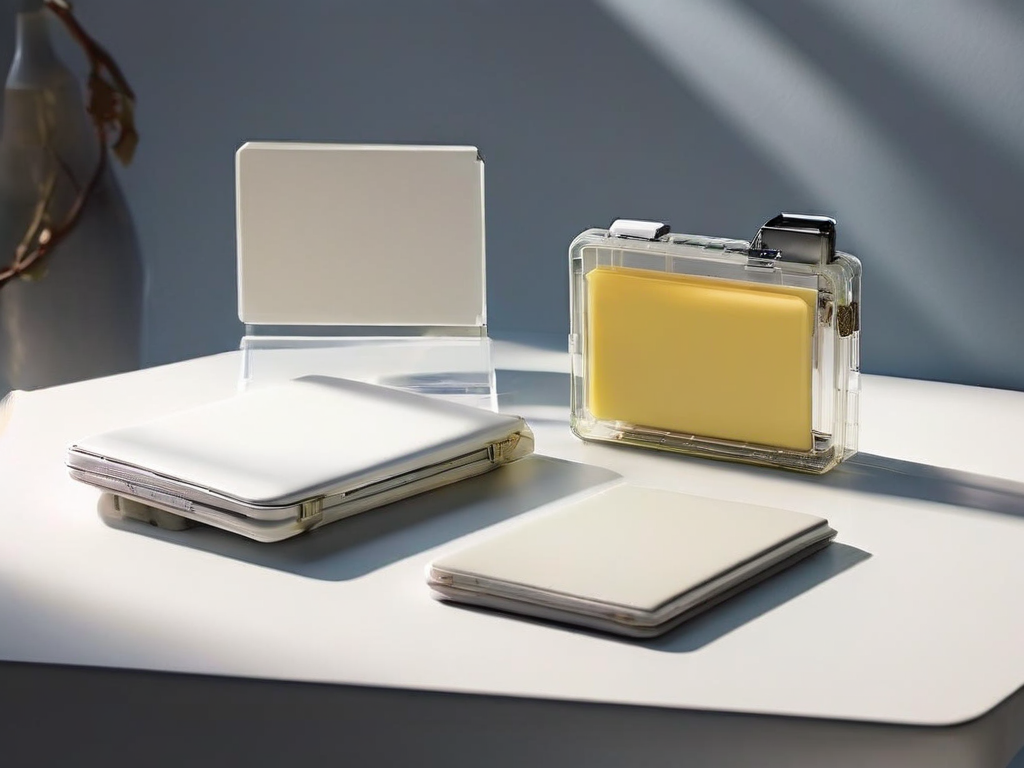 A sealed portable drive and blank notecards arranged on a neutral acrylic tray for careful file review.