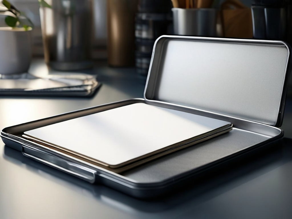 Blank divider cards in a brushed metal tray, angled morning light, shallow depth of field, organized storage metaphor.