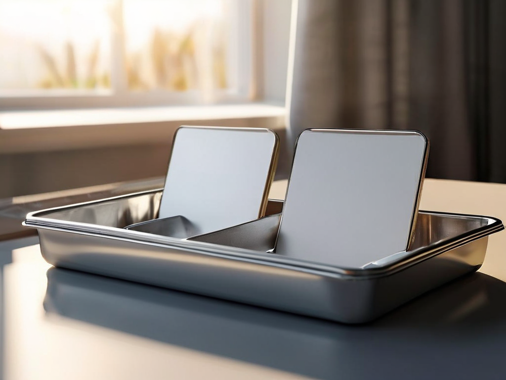 Two blank white divider cards placed side by side inside a brushed metal storage tray, angled morning light, shallow depth of.