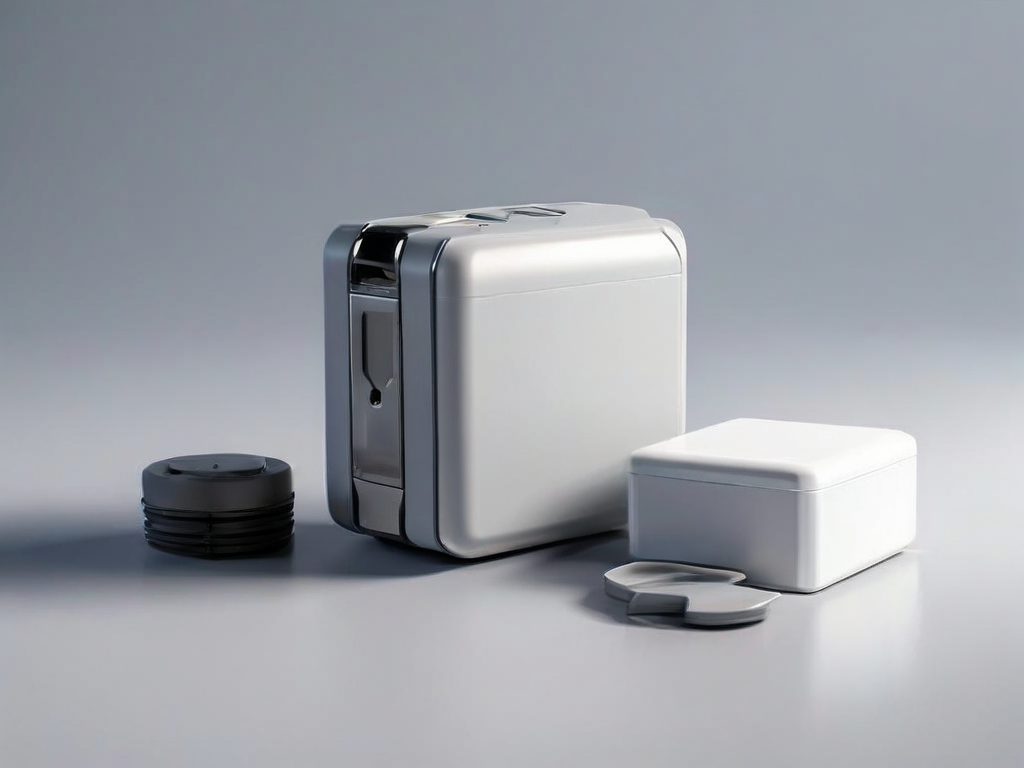 Portable hard drive with stacked data blocks and capacity gauge on gray studio surface.