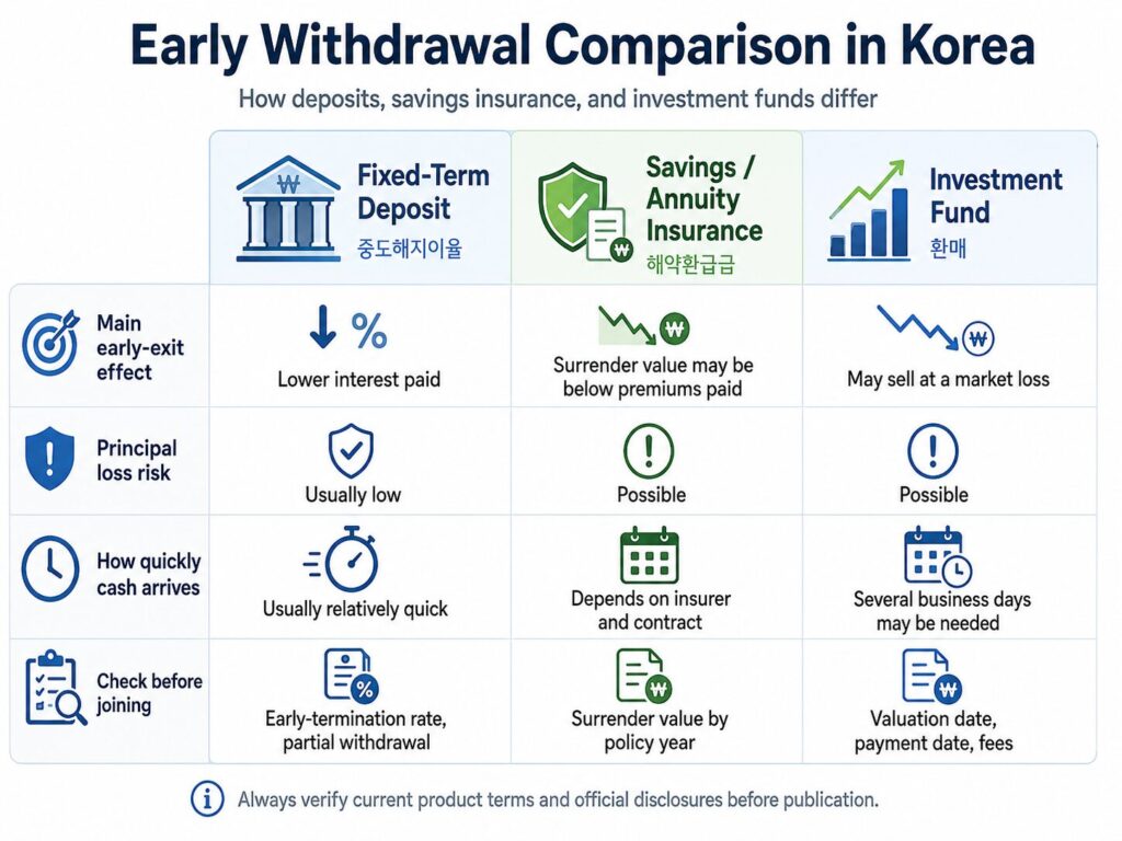 Comparison of early-withdrawal effects for Korean fixed-term deposits, savings insurance, and investment funds, including principal risk and payment timing.