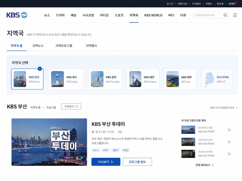 Korean regional broadcaster website showing station choices and a selected regional program with replay and program information options.