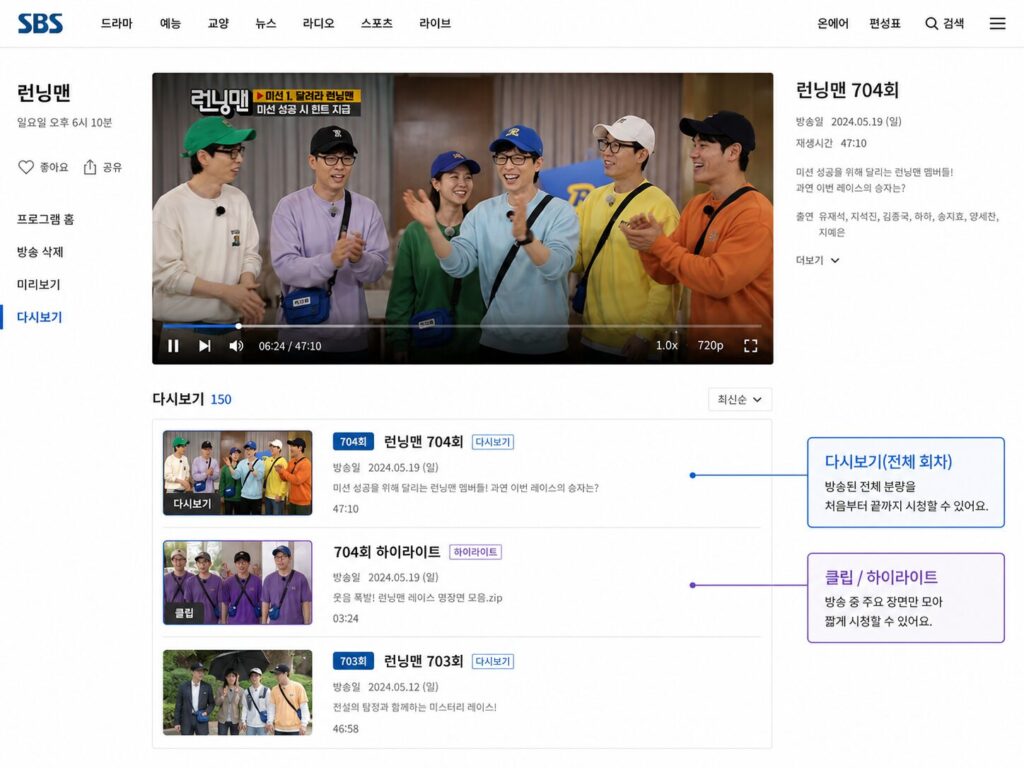 Korean broadcaster replay page comparing a full episode labeled “Replay” with a shorter highlight clip and their different runtimes.