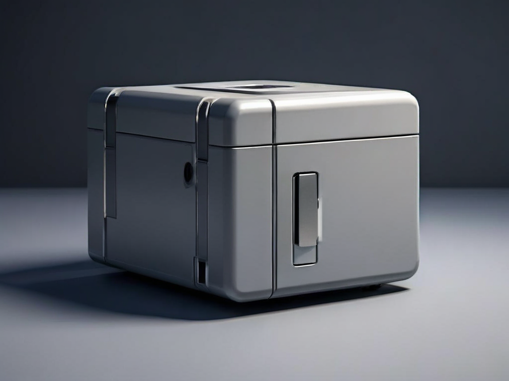Compact security block with numeric code slot beside sealed backup drive and storage tray on matte gray studio surface.