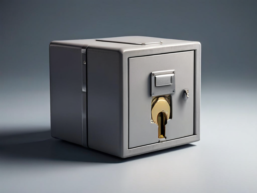 Archival box with key slot and compact storage blocks on gray studio surface.