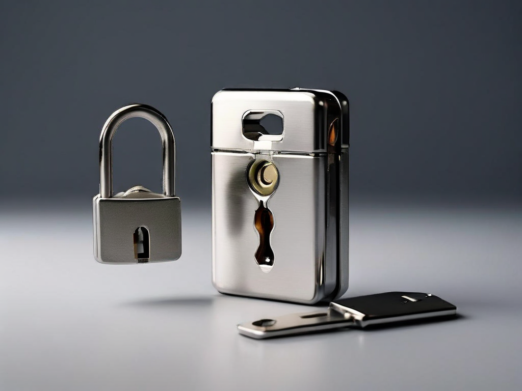 Small metal lock, closed key case, and blank security card on a gray studio surface, arranged for account safety preparation.