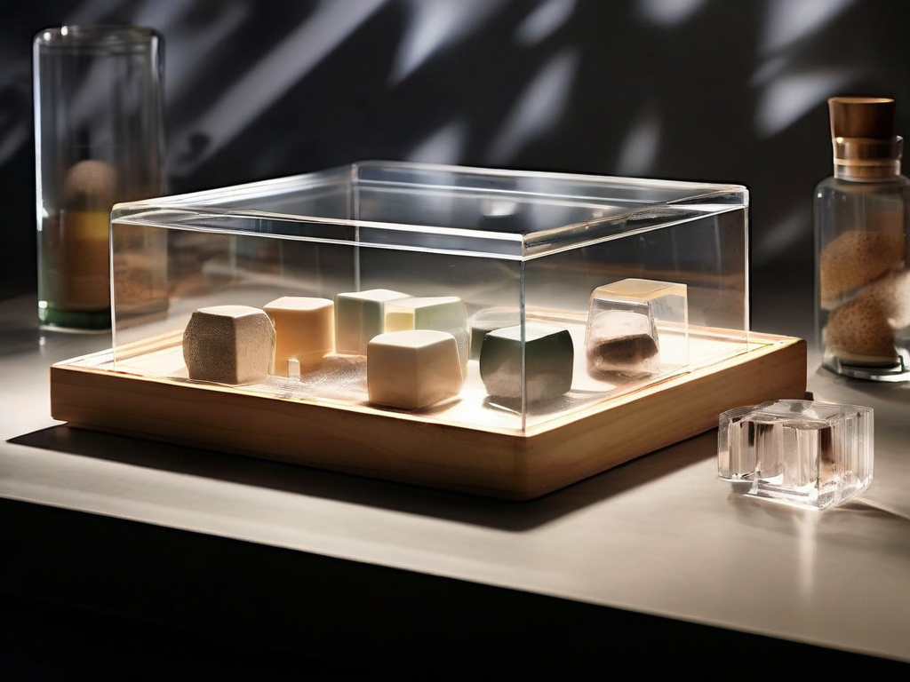 Clear plastic storage box with measured capacity lines, resting on a stone counter with soft studio lighting.