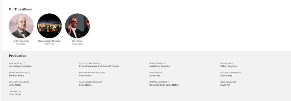 Apple Music Classical album page showing detailed composer, conductor, orchestra, audio engineer, booklet editor, and liner note credits.